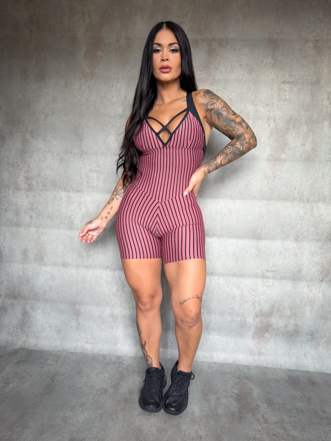 Macaquinho Poliamida Listrado Costas em X