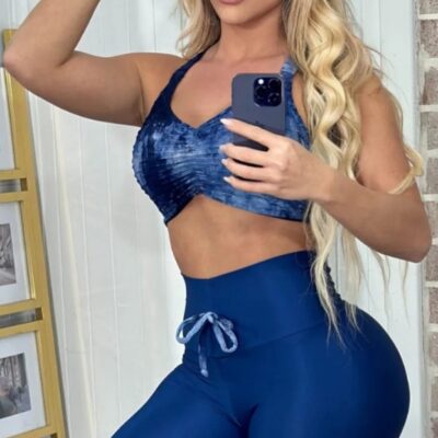 Conj Top Estampado e Legging Cós Alto Royal Blue