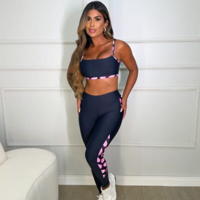 Conjunto Poliamida Preto com Detalhes Rosa
