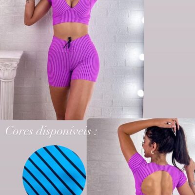 Conj de Top Decote em V e Short Cós Alto Listrado