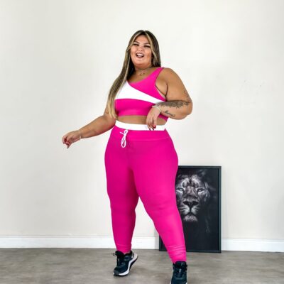 Conjunto Poliamida Rosa com Detalhes Branco Plus