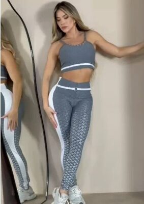 Conj Legging Gray White Tecido Jacquard